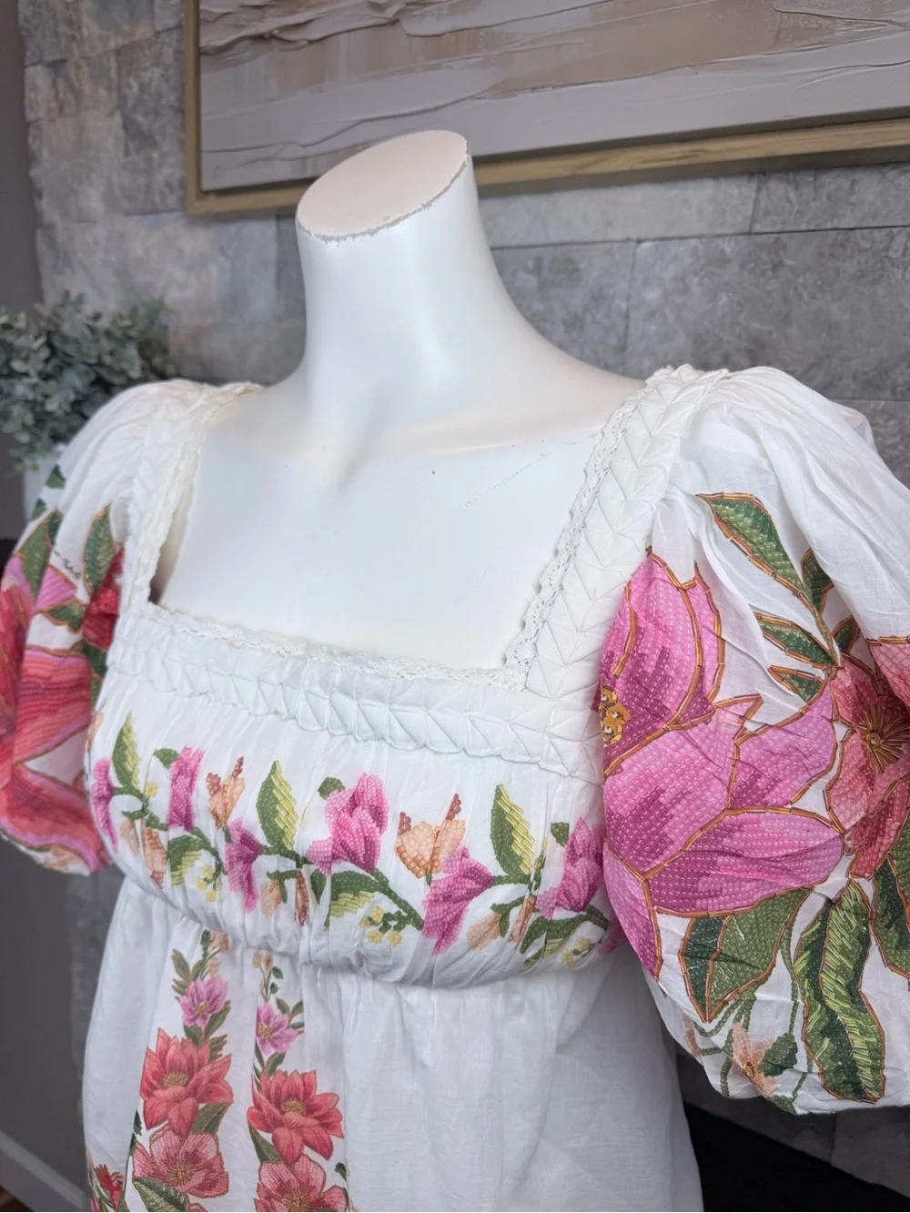 FARM Rio Summer Fruit Floral Puff Sleeve Blouse White L NWT $180